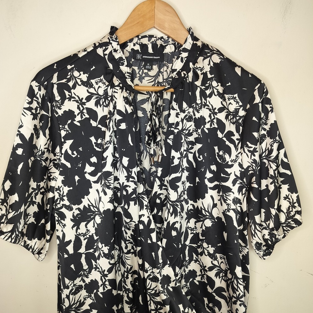 INC International Concepts Floral Satin Top Wrap Front Tasseled - Picture 2 of 10